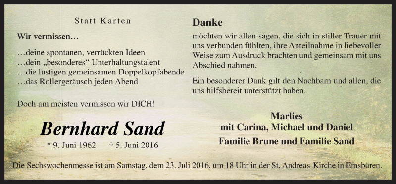  Traueranzeige für Bernhard Sand vom 16.07.2016 aus Neue Osnabrücker Zeitung GmbH & Co. KG
