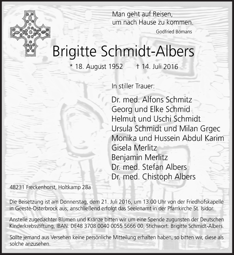  Traueranzeige für Brigitte Schmidt-Albers vom 18.07.2016 aus Neue Osnabrücker Zeitung GmbH & Co. KG