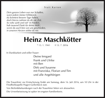 Traueranzeige von Heinz Maschkötter von Neue Osnabrücker Zeitung GmbH & Co. KG