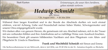 Traueranzeige von Hedwig Schmidt von Neue Osnabrücker Zeitung GmbH & Co. KG