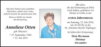 Traueranzeige von Anneliese Otten von Neue Osnabrücker Zeitung GmbH & Co. KG