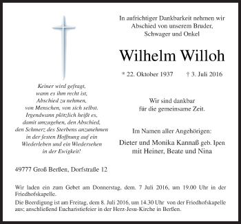 Traueranzeige von Wilhelm Willoh von Neue Osnabrücker Zeitung GmbH & Co. KG