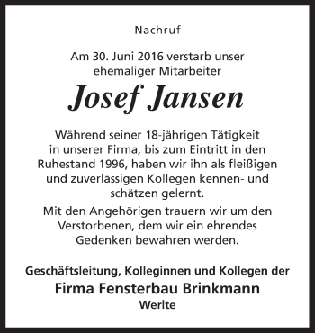 Traueranzeige von Josef Jansen von Neue Osnabrücker Zeitung GmbH & Co. KG