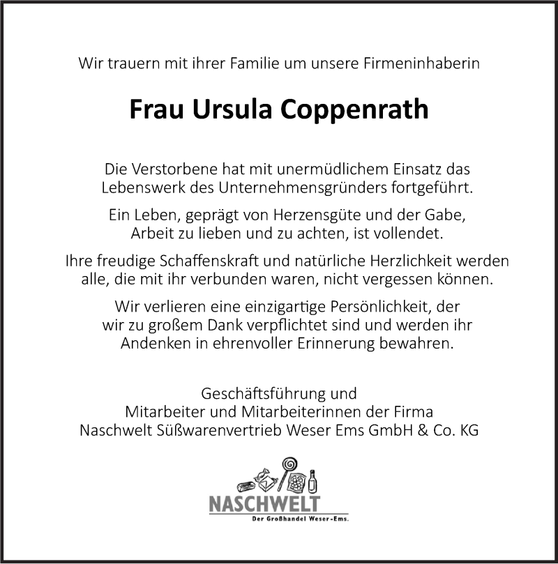  Traueranzeige für Ursula Coppenrath vom 27.07.2016 aus Neue Osnabrücker Zeitung GmbH & Co. KG
