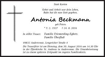 Traueranzeige von Antonia Beckmann von Neue Osnabrücker Zeitung GmbH & Co. KG