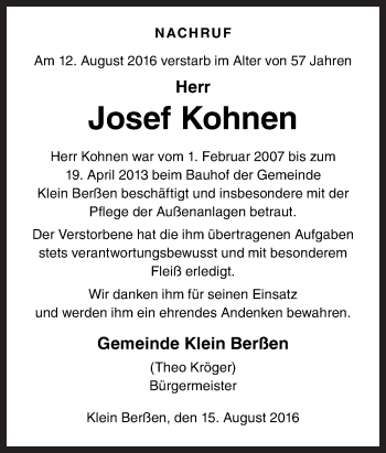 Traueranzeige von Josef Kohnen von Neue Osnabrücker Zeitung GmbH & Co. KG