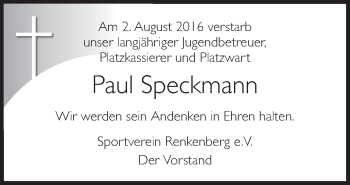 Traueranzeige von Paul Speckmann von Neue Osnabrücker Zeitung GmbH & Co. KG