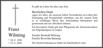 Traueranzeige von Franz Wilming von Neue Osnabrücker Zeitung GmbH & Co. KG