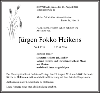 Traueranzeige von Jürgen Fokko Heikens von Neue Osnabrücker Zeitung GmbH & Co. KG