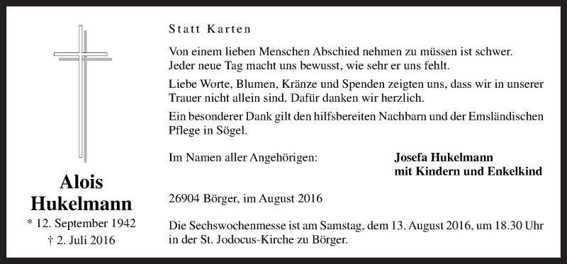  Traueranzeige für Alois Hukelmann vom 10.08.2016 aus Neue Osnabrücker Zeitung GmbH & Co. KG