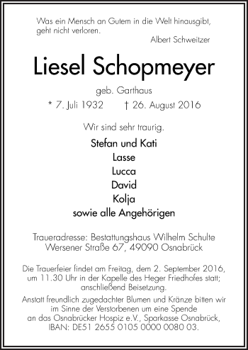 Traueranzeige von Liesel Schopmeyer von Neue Osnabrücker Zeitung GmbH & Co. KG