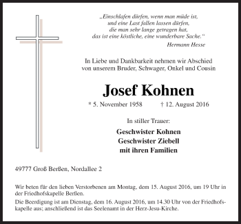 Traueranzeige von Josef Kohnen von Neue Osnabrücker Zeitung GmbH & Co. KG