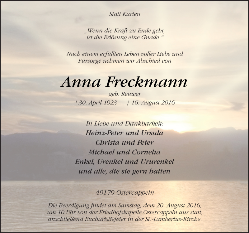  Traueranzeige für Anna Freckmann vom 18.08.2016 aus Neue Osnabrücker Zeitung GmbH & Co. KG