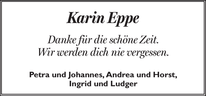  Traueranzeige für Karin Eppe vom 12.08.2016 aus Neue Osnabrücker Zeitung GmbH & Co. KG
