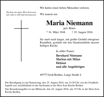 Traueranzeige von Maria Niemann von Neue Osnabrücker Zeitung GmbH & Co. KG