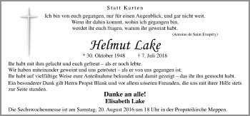 Traueranzeige von Helmut Lake von Neue Osnabrücker Zeitung GmbH & Co. KG