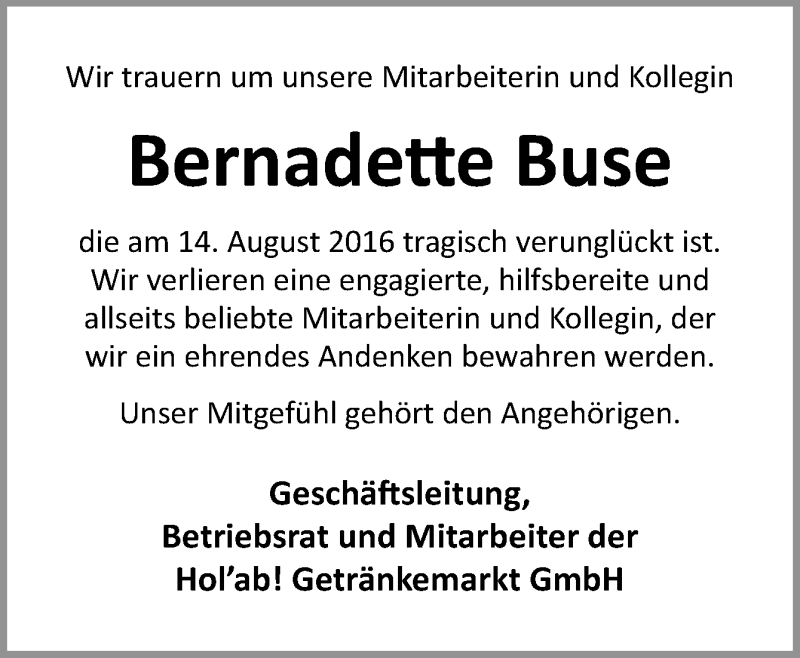  Traueranzeige für Bernadette Buse vom 20.08.2016 aus Neue Osnabrücker Zeitung GmbH & Co. KG