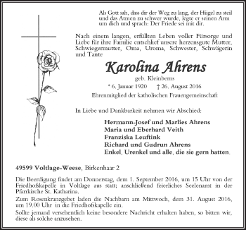 Traueranzeige von Karolina Ahrens von Neue Osnabrücker Zeitung GmbH & Co. KG
