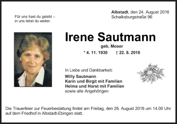 Traueranzeige von Irene Sautmann von Neue Osnabrücker Zeitung GmbH & Co. KG