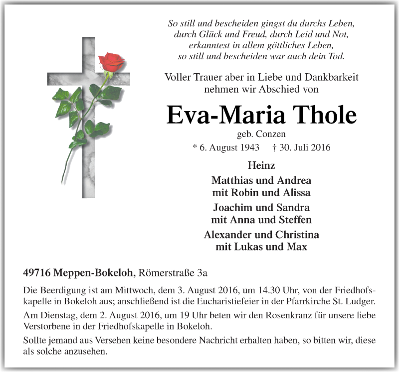  Traueranzeige für Eva-Maria Thole vom 01.08.2016 aus Neue Osnabrücker Zeitung GmbH & Co. KG