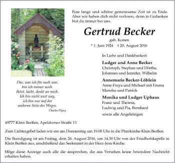 Traueranzeige von Gertrud Becker von Neue Osnabrücker Zeitung GmbH & Co. KG