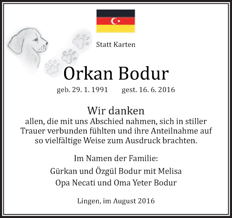  Traueranzeige für Orkan Bodur vom 06.08.2016 aus Neue Osnabrücker Zeitung GmbH & Co. KG