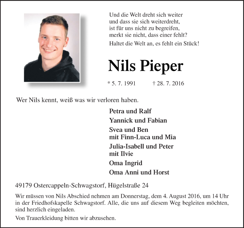  Traueranzeige für Nils Pieper vom 01.08.2016 aus Neue Osnabrücker Zeitung GmbH & Co. KG