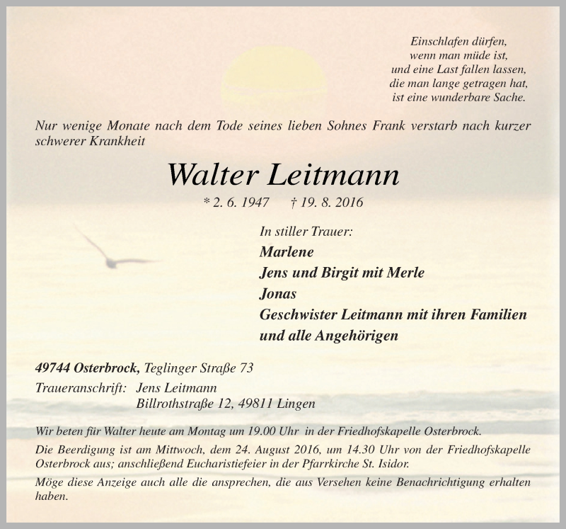  Traueranzeige für Walter Leitmann vom 22.08.2016 aus Neue Osnabrücker Zeitung GmbH & Co. KG