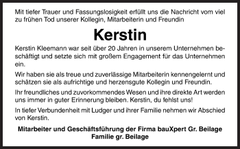 Traueranzeige von Kerstin Kleemann von Neue Osnabrücker Zeitung GmbH & Co. KG