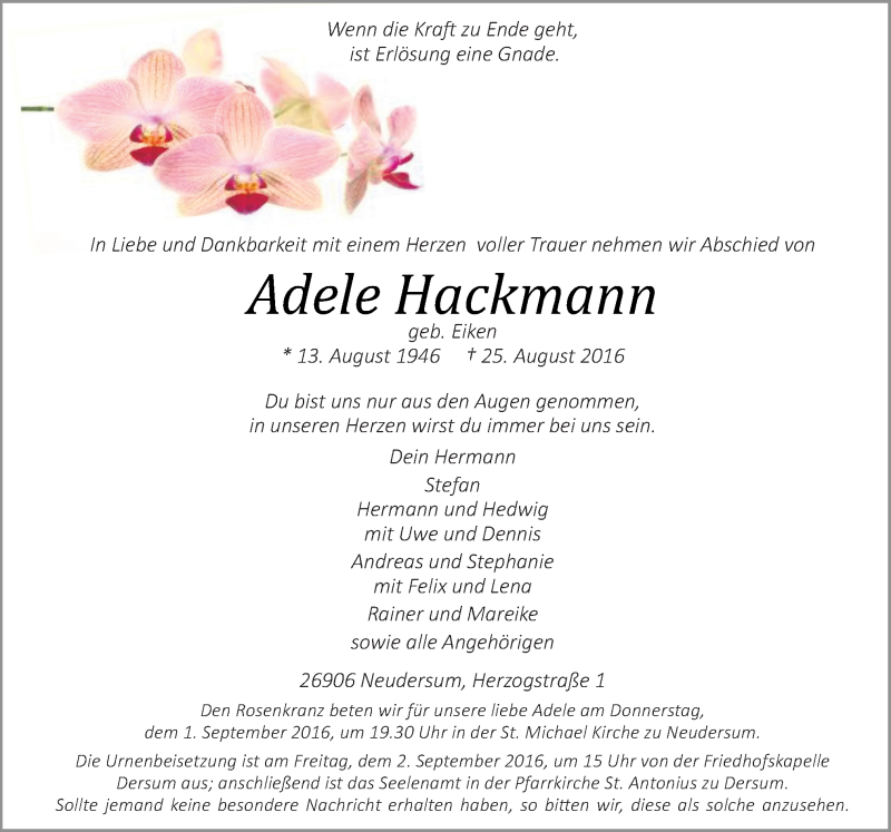  Traueranzeige für Adele Hackmann vom 29.08.2016 aus Neue Osnabrücker Zeitung GmbH & Co. KG
