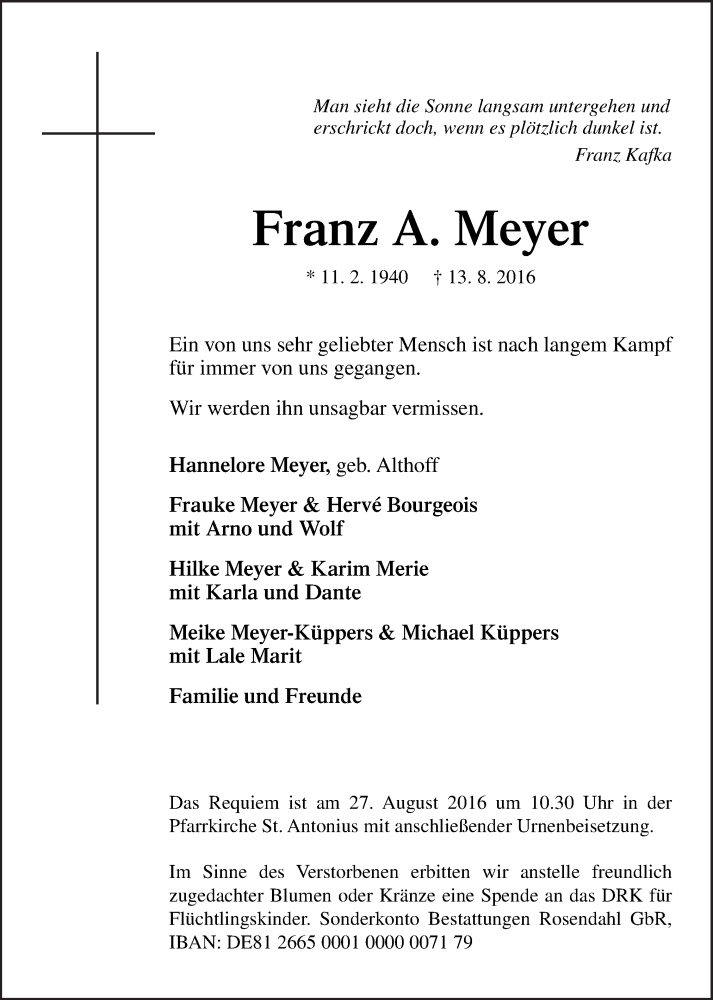  Traueranzeige für Franz A. Meyer vom 18.08.2016 aus Neue Osnabrücker Zeitung GmbH & Co. KG
