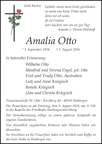 Traueranzeige von Amalia Otto von Neue Osnabrücker Zeitung GmbH & Co. KG