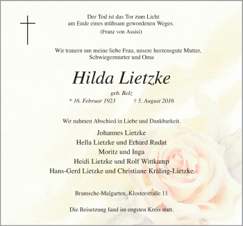Traueranzeige von Hilda Lietzke von Neue Osnabrücker Zeitung GmbH & Co. KG