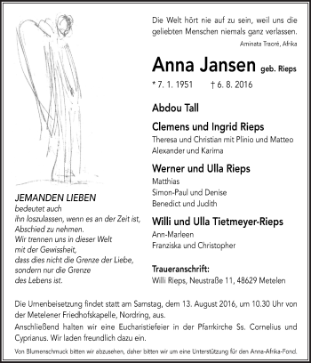 Traueranzeige von Anna Jansen von Neue Osnabrücker Zeitung GmbH & Co. KG