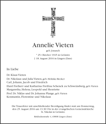 Traueranzeige von Annelie Vieten von Neue Osnabrücker Zeitung GmbH & Co. KG