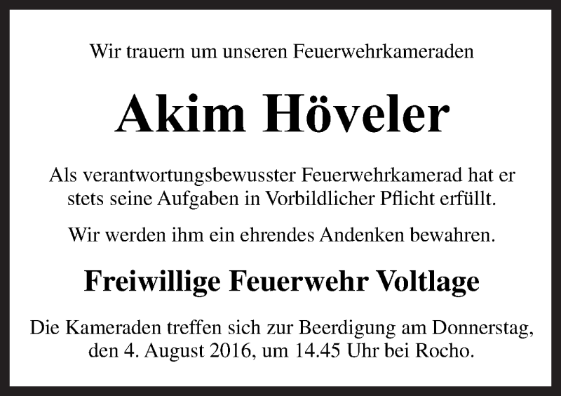  Traueranzeige für Akim Höveler vom 03.08.2016 aus Neue Osnabrücker Zeitung GmbH & Co. KG