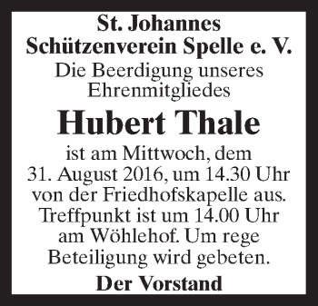 Traueranzeige von Hubert Thale von Neue Osnabrücker Zeitung GmbH & Co. KG