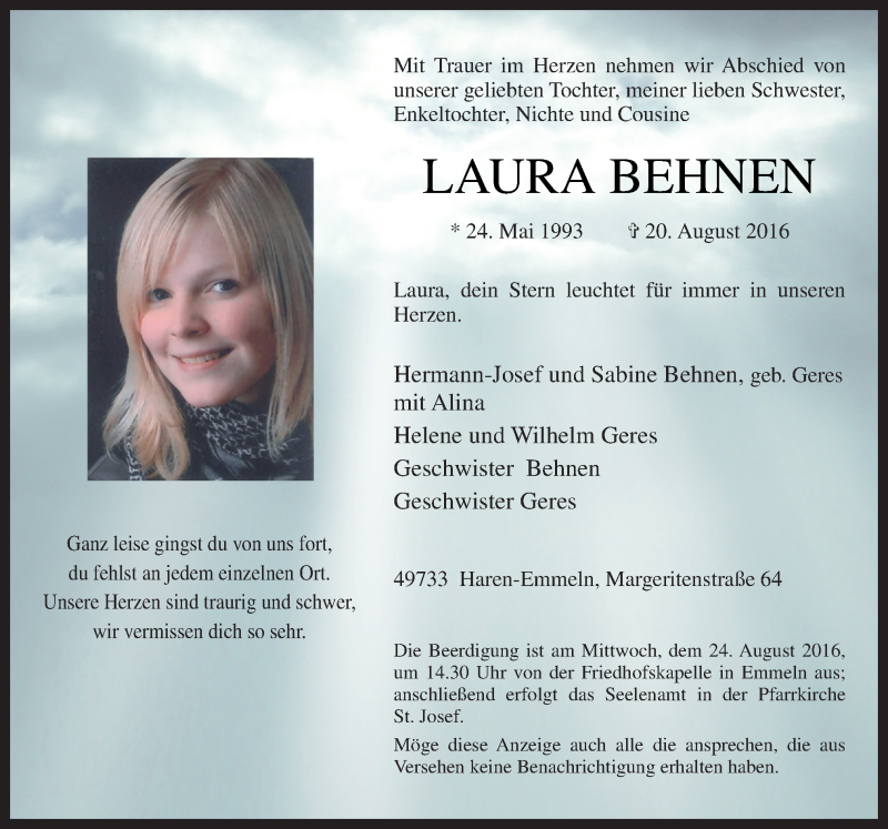  Traueranzeige für Laura Behnen vom 23.08.2016 aus Neue Osnabrücker Zeitung GmbH & Co. KG