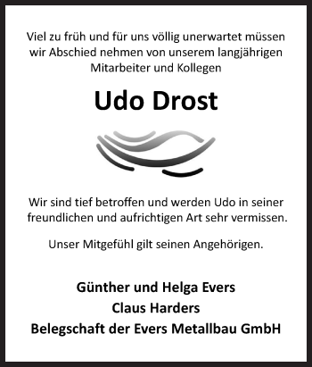 Traueranzeige von Udo Drost von Neue Osnabrücker Zeitung GmbH & Co. KG