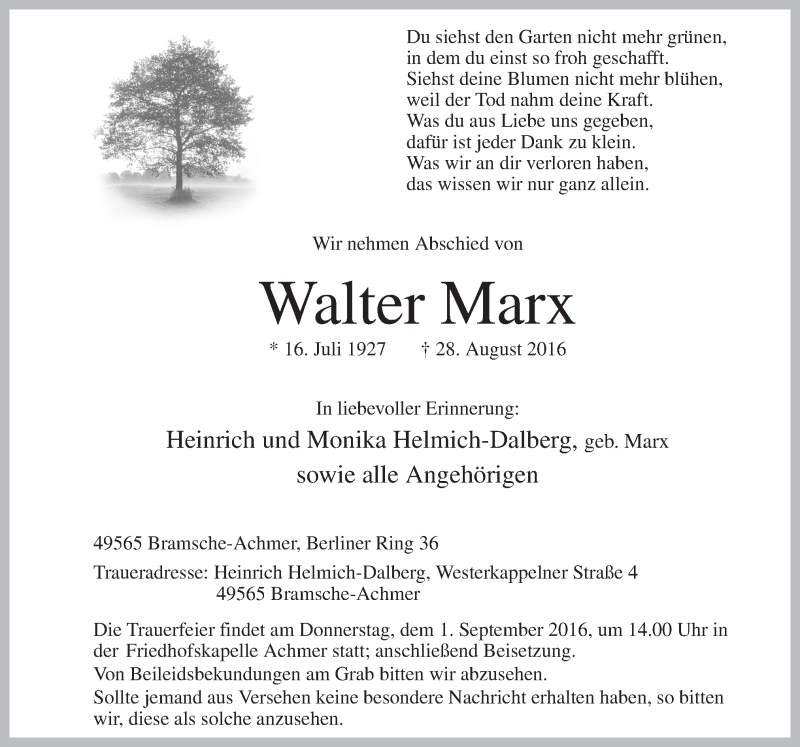  Traueranzeige für Walter Marx vom 30.08.2016 aus Neue Osnabrücker Zeitung GmbH & Co. KG