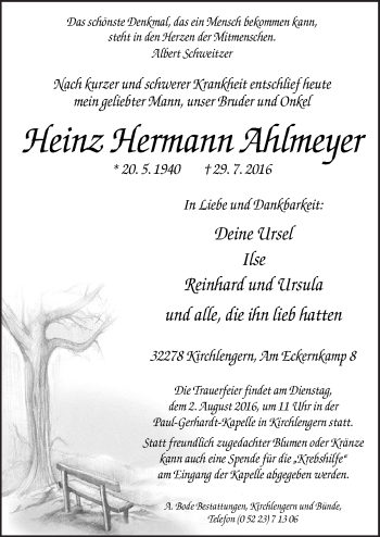 Traueranzeige von Heinz Hermann Ahlmeyer von Neue Osnabrücker Zeitung GmbH & Co. KG