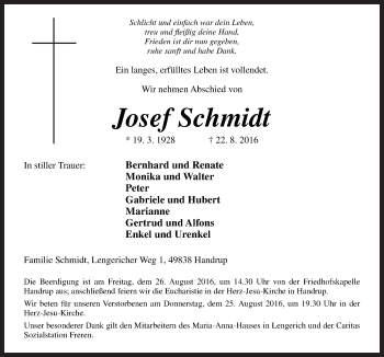 Traueranzeige von Josef Schmidt von Neue Osnabrücker Zeitung GmbH & Co. KG