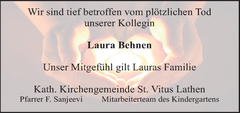  Traueranzeige für Laura Behnen vom 25.08.2016 aus Neue Osnabrücker Zeitung GmbH & Co. KG