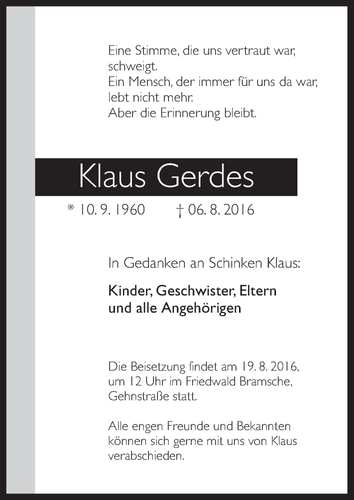  Traueranzeige für Klaus Gerdes vom 10.08.2016 aus Neue Osnabrücker Zeitung GmbH & Co. KG