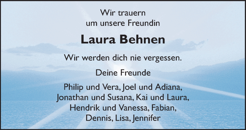  Traueranzeige für Laura Behnen vom 24.08.2016 aus Neue Osnabrücker Zeitung GmbH & Co. KG