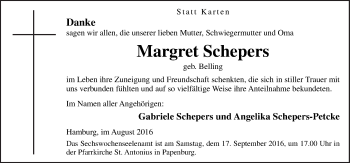 Traueranzeige von Margret Schepers von Neue Osnabrücker Zeitung GmbH & Co. KG