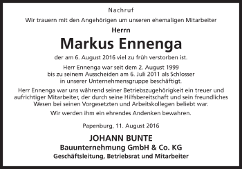 Traueranzeige von Markus Ennenga von Neue Osnabrücker Zeitung GmbH & Co. KG