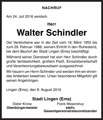 Traueranzeige von Walter Schindler von Neue Osnabrücker Zeitung GmbH & Co. KG