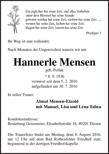 Traueranzeige von Hannerle Mensen von Neue Osnabrücker Zeitung GmbH & Co. KG