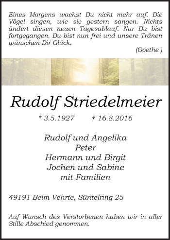 Traueranzeige von Rudolf Striedelmeier von Neue Osnabrücker Zeitung GmbH & Co. KG